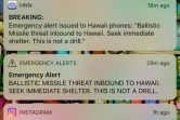 Capture d'écran du smartphone du photographe de l'AFP à Honolulu, Hawaï, montrant les messages d'alerte reçus le 13 janvier 2018, qui était fausse