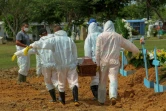 Des employés portent un cercueil d'une victime du Covid-19 dans le cimetière de Nossa Senhora Aparecida à Manaus, au Brésil, le 22 janvier 2021