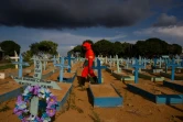 Un employé de pompes funèbres au milieu de tombes de victimes du Covid-19 dans un cimetière de Manaus (Brésil), le 29 avril 2021