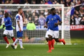 Samuel Umtiti auteur de l'ouverture du score avec les Bleus contre l'Islande au Stade de France, le 25 mars 2019	