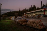 Des sacs d'olives devant une usine de production d'huile dans le village de Madéna, le 15 décembre 2020 en Grèce