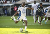 L'attaquant bissau-guinéen de Troyes Mama Baldé, lors de son penalty arrêté puis envoyé dans son but par le gardien de but bordelais Gaêtan Poussin, lors de la 27e journée de Ligue 1, le 6 mars 2022 au Matmut Stadium 