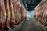 Un employé inspecte des carcasses de boeuf dans une usine de transformation de la viande de la coopérative Yaguane le 29 juillet 2005 dans la province de Buenos Aires, en Argentine. 