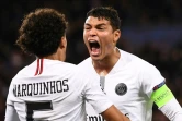 Les Brésiliens du PSG Marquinhos (g) et Thiago Silva après la victoire en Ligue des champions contre Liverpool, le 28 novembre 2018 au Parc des Princes  
