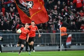 Rennes a ouvert le score par Benjamin Bourigeaud (ballon) contre Leicester en Ligue Europa Conférence, le 17 mars 2022 au Roazhon Park 