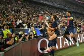 La joie des Parisiens après un but inscrit par Désiré Doué (au centre) contre l'Inter Milan à Munich, le 31 mai 2025 