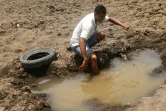 Wilman Estrada, jeune de 17 ans en short en jean et t-shirt qui a commencé à pêcher à neuf ans, est au chômage technique, assis au bord d'une des dernières flaques de la lagune.