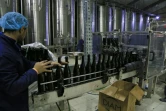 Un employé vérifie les bouteilles sur une chaîne de production au chai Saint Georges, le 5 novembre 2018 à Zahab, en Jordanie