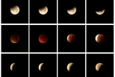 Un montage de 12 photos montrant l'éclipse lunaire vue de Gaiberg, près de Heidelberg en Allemagne le 28 septembre 2015