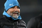 La joie de l'entraîneur argentin Jorge Sampaoli, après la victoire de Marseille, 2-1 face à Bâle, lors du 8e de finale retour de la Ligue Europa Conference, le 17 mars 2022 en Suisse