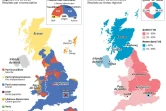Cartes du Royaume-Uni présentant les résultats des dernières élections législatives de 2015 et du référendum sur le Brexit de 2016, avant les législatives anticipées du 8 juin 