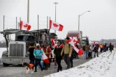 Des sympathisants accompagnent un convoi de camionneurs à destination d'Ottawa pour manifester contre l'obligation vaccinale et les restrictions sanitaires, le 23 janvier 2022 à Toronto, au Canada