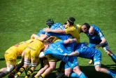 Une mêlée entre Leinster et La Rochelle en demi-finale de Coupe d'Europe de rugby, remportée 32-23 par le club français au Stade Marcel Deflandre de La Rochelle, le 2 mai 2021.