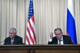 Le ministre russe des Affaires étrangères Sergueï Lavrov et le secrétaire d'Etat américain Rex Tillerson lors d'une conférence de presse à Moscou le 12 avril 2017