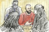 Croquis d'audience du 23 mai 2022 de l'accusé Salah Abdeslam (c) et de l'avocate Claire Josserand Schmidt (d), lors du procès des attentats de 13-Novembre 2015 à la cour d'assise spéciale de Paris 