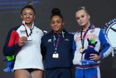 La Française Mélanie De Jesus Dos Santo(c) s remporte le concours général de gymnastique aux championnats d'Europe à Szczecin en Pologne le 12 avril 2019