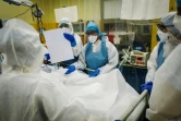 Equipe médicale autour d'un malade du Covid-19 en soins intensifs le 9 avril 2020 à l'hôpital franco-britannique de Levallois-Perret