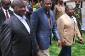 Les présidents ougandais Yoweri Museveni, kenyan Uhuru Kenyatta et gabonais Gabon Omar Bongo à leur arrivée le 29 avril 2016 à Nanyuki