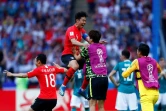 La joie du Sud-Coréen Son Heung-min et ses coéquipiers après le 2e but contre l'Allemagne lors du Mondial, le 27 juin 2018 à Kazan