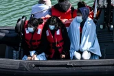 Des migrants sur un bateau des douanes britanniques après avoir été récupérés dans la Manche, le 16 juin 2022