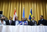 Le chef de la délégation des rebelles Houthis aux pourparlers de Suède, Mohammed Abdelsalam, lors d'une conférence de presse en marge de ces consultations, le 13 décembre 2018