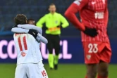 La joie des joueurs de Salzbourg, après avoir ouvert le score à domicile face au Séville FC, lors de la 6e journée du groupe G de la Ligue des Champions, le 8 décembre 2021
