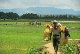 Sur la route qui les mène de la Birmanie au Bangladesh, les Rohingyas peuvent trouver des mines installées par l'armée birmane. Ici des réfugiés marchent, le 11 septembre 2017. 