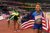 Kori Carter victorieuse de la finale du 400 m haies des Mondiaux de Londres, le 10 août 2017
