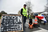 Un manifestant "gilet jaune" avec son chien devant un écriteau portant l'inscription "Macron démission", le 2 décembre 2018 à Torce, près de Rennes, dans l'ouest de la France.
