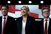 De gauche à droite, Olivier Faure, Marine Le Pen et Jean-Luc Mélenchon avant un débat télévisé, le 17 mai 2018 à Saint-Cloud