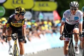 Les Slovène Tadej Pogacar (d) et Primoz Roglic, 2e et 3e de la 2e étape du Tour de France, entre Perros-Guirrec et Mûr-de-Bretagne, le 27 juin 2021