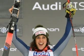 L'Italienne Federica Brignone exulte sur le podium après avoir remporté le super-G de Sotchi, le 2 février 2020