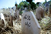 Une pierre tombale sur laquelle apparaît l'inscription "tombe de vie" recouverte de mauvaises herbes au cimetière de Siwan à Souleimaniyeh au Kurdistan autonome d'Irak le 17 mai 2024.