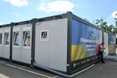 Les box préfabriqués d'un camp pour personnes déplacées, le 3 juin 2022 à Boutcha, au nord-ouest de Kiev, en Ukraine