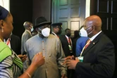 Goodluck Johnathan (c), ancien président du Nigeria et médiateur de la Cédéao pour le Mali, à Accra, le 25 mars 2022