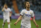 La joie du milieu de terrain croate du Real Madrid, Luka Modric, après avoir ouvert le score contre l'Athletic Bilbao, lors de la finale de la Supercoupe d'Espagne, le 16 janvier 2022 à Ryad