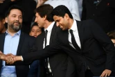 Le président du PSG Nasser Al-Khelaifi (d) et le directeur sportif du club Leonardo (c) avant le match contre Nîmes, le 11 août 2019 au Parc des Princes 