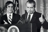 Le président américain Richard Nixon fait ses adieux au personnel de la Maison Blanche, le 9 août 1974 à Washington