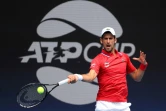 Le Serbe Novak Djokovic frappe un retour contre le Canadien Denis Shapovalov lors de leur match de simple du groupe A de l'ATP Cup 2021 à Melbourne, le 2 février 2021.