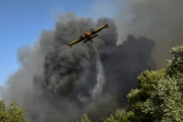 Un avion largue de l'eau sur un feu de forêt à Labiri, près de Patras (Grèce), le 31 juillet 2021