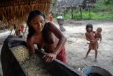 Une Indienne Waiapi mélange de l'eau et du manioc pour fabriquer du caxiri, une boisson fermentée artisanale, le 13 octobre 2017 dans la réserve Waiapi à Manilha, au Brésil