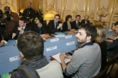 Manuel Valls et Myriam El-Khomri face à William Martinet (Unef) le 11 avril 2016 à Matignon à Paris