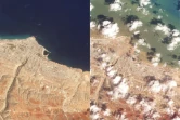 Cette combinaison de photos satellites montre une vue de Derna, en Libye, avant et après les inondations subites survenues dans la nuit du 10 au 11 septembre 2023