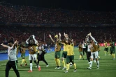 Les joueurs de l'Afrique du Sud fêtent leur victoire sur l'Egypte en 8e de finale de la CAN au Caire le 6 juillet 2019