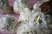 Des sacs de pâte base de coca, après traitement des feuilles de coca avec de l'essence, dans un laboratoire de fortune du canyon del Micay, dans le département du Cauca, le 25 mars 2024 en Colombie