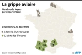 Carte de France avec le nombre de foyers (sauvages et élevages)de grippe aviaire par département, au 26 décembre.