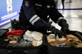Un douanier inspecte les bagages de passagers à l'aéroport de Roissy-Charles-de-Gaulle, au nord de Paris, le 21 mars 2025 