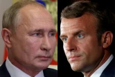Montage réalisé le 14 février 2020 des présidents russe Vladimir Poutine (G/le 1er septembre 2020 lors d'une vidéo conférence depuis sa résidence de Novo-Ogaryovo  près de Moscou) et français Emmanuel Macron (D/1er septembre 2020 lors d'une conférence de presse à Beyrouth) 