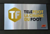 Une plaque à l'entrée des studios de la chaîne Telefoot, à Aubervilliers, près de Paris, le 18 août 2020