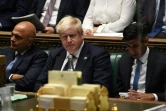 Photo prise et fournie par le parlement britannique le 7 septembre 2021 du ministre de la Santé Sajid Javid (g), du Premier ministre Boris Johnson (c) et du chancelier de l'Echiquier Rishi Sunak sur les bancs de la Chambre des communes à Londres